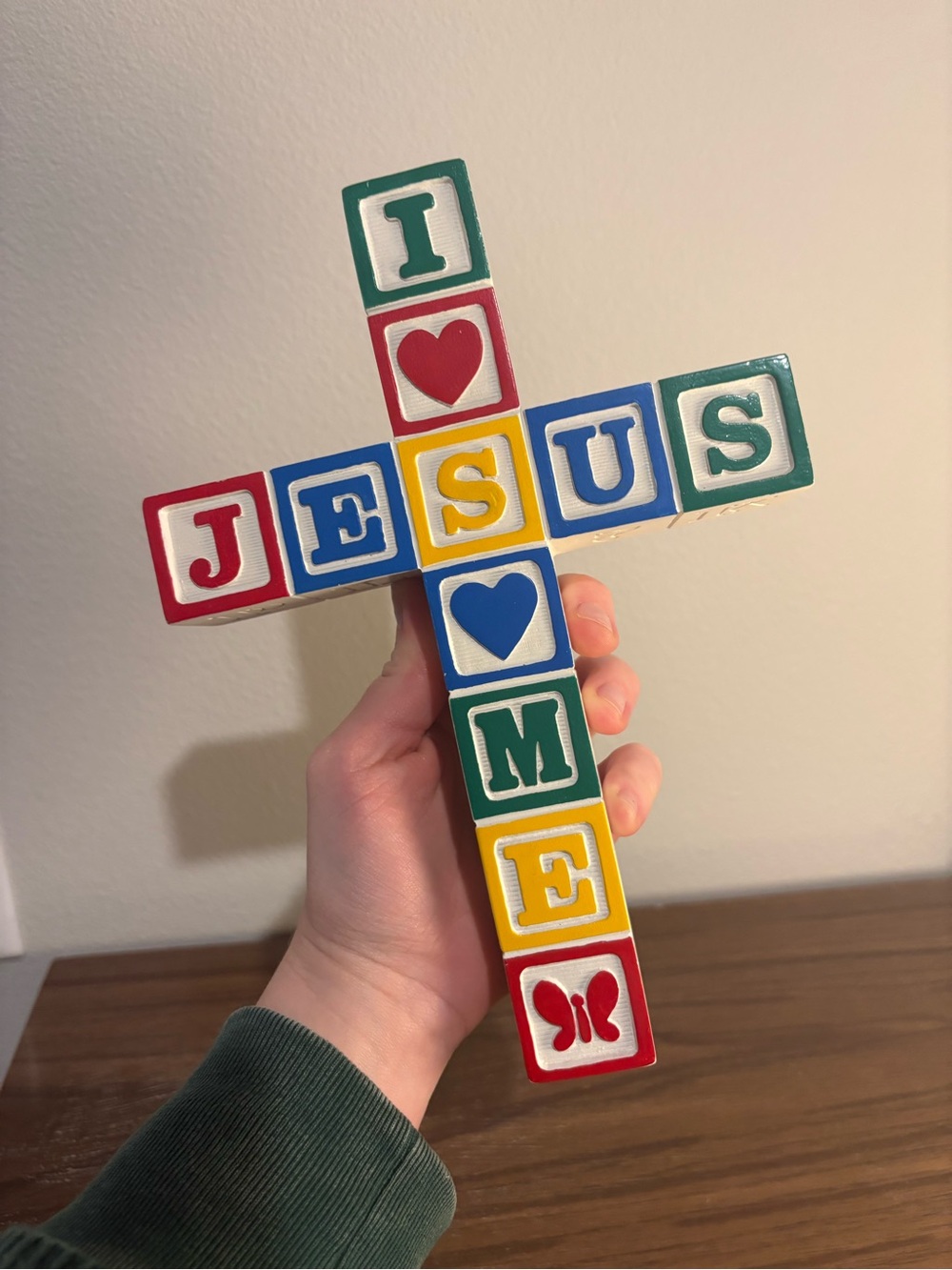 I Love Jesus Jesus Loves Me Baby Block Cross Wall Hanging Primary colors 1990s